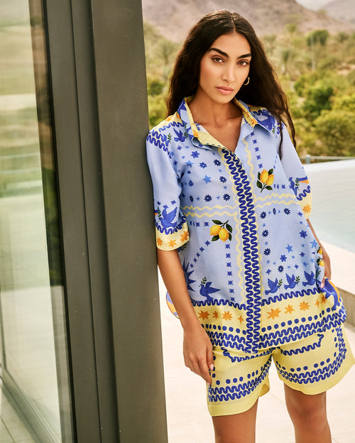 Indigo Co-Ord Set with Lemons and Birds Print