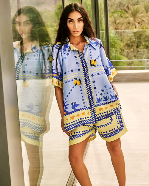 Indigo Co-Ord Set with Lemons and Birds Print