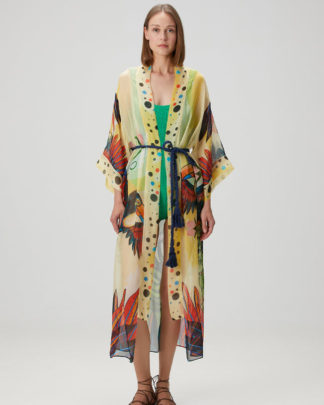Jilda Anya Long Silk Kimono - Yellow