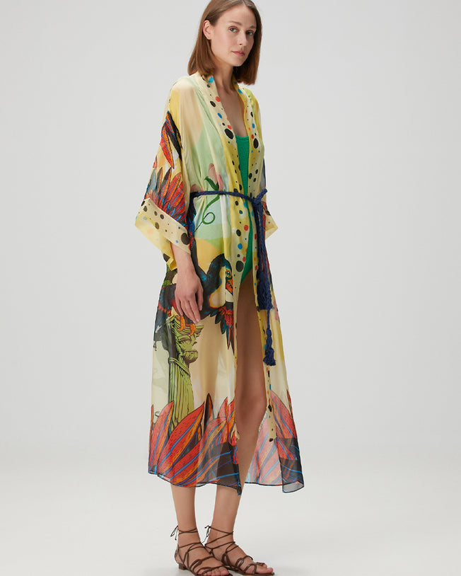 Jilda Anya Long Silk Kimono - Yellow