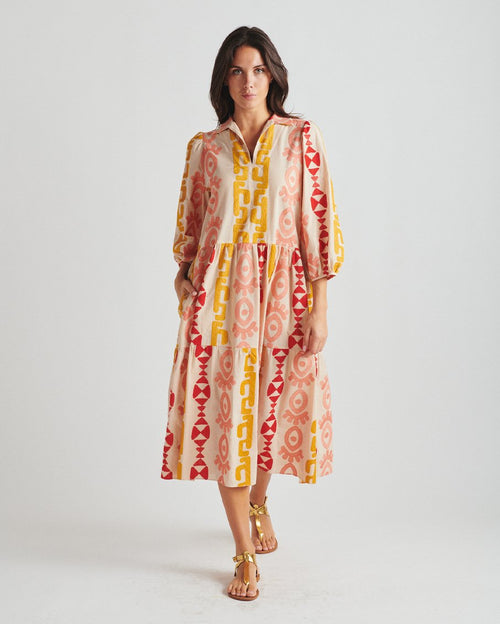 Midi V-Neck Dress with Eye Motif Embroidery