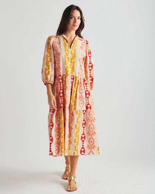 Midi V-Neck Dress with Eye Motif Embroidery