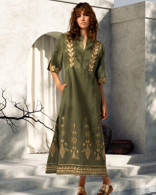Khaki Linen Maxi Dress with Gold Embroidery