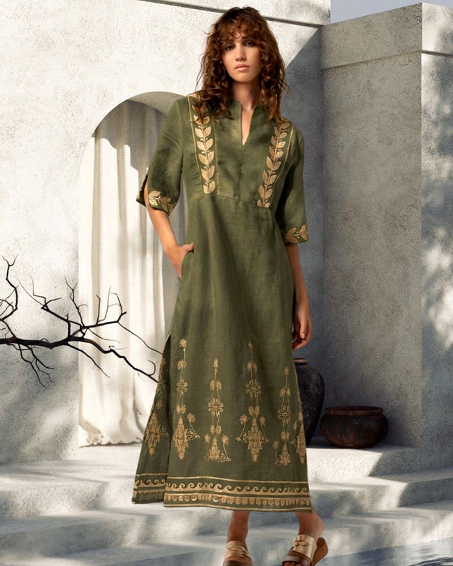 Khaki Linen Maxi Dress with Gold Embroidery