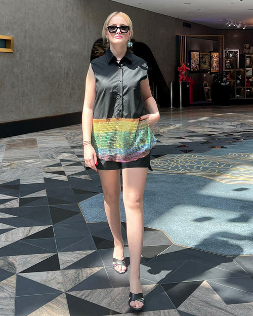 La Bamba Shimmer Sleeveless Shirt & Shorts Set - Black & Multicolor