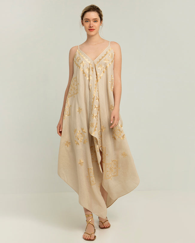 Lefkada Long Asymmetrical Straps Beige Dress with Ramie Gold Embroidery