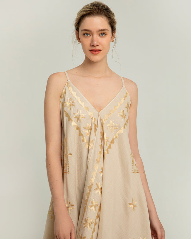 Lefkada Long Asymmetrical Straps Beige Dress with Ramie Gold Embroidery