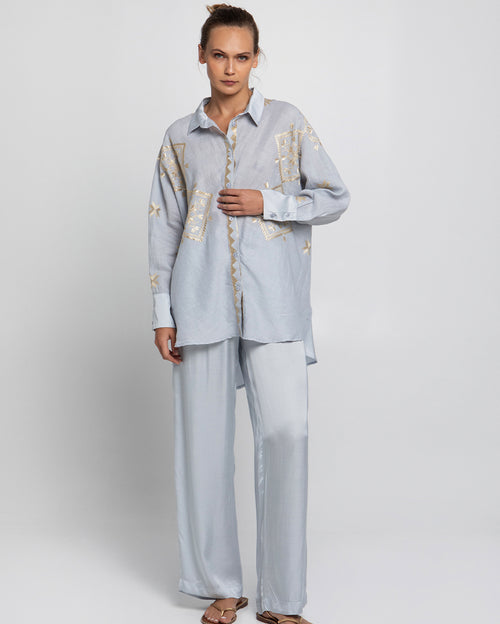 Lefkada Long Sleeve Shirt and Elasticated Waist Drawstring Pants Set - Light Grey Gold & Silver