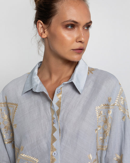 Lefkada Long Sleeve Shirt and Elasticated Waist Drawstring Pants Set - Light Grey Gold & Silver