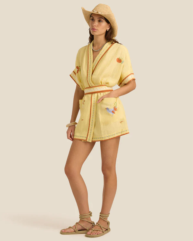 Lemon Charm Embroidery Linen Mini Dress