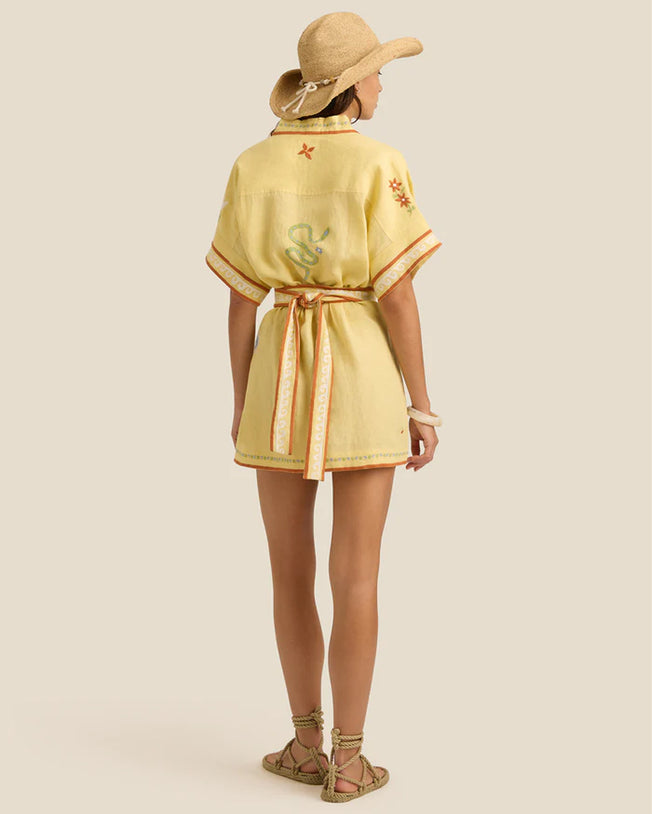 Lemon Charm Embroidery Linen Mini Dress
