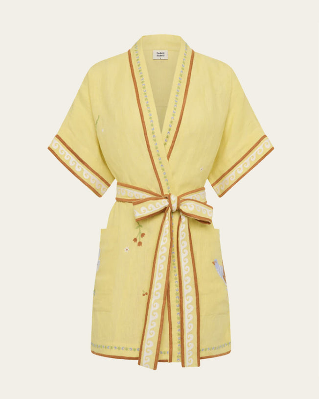 Lemon Charm Embroidery Linen Mini Dress