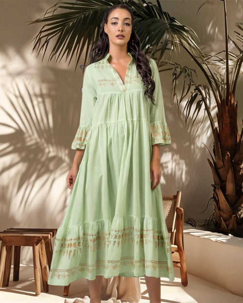 Light Green Linen Maxi Dress with Gold Emroidery