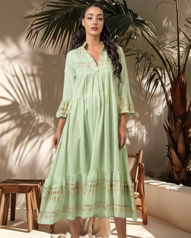 Light Green Linen Maxi Dress with Gold Emroidery