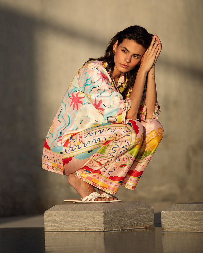 Lily Co-Ord Set with Swirls, Florals & Abstract Wave Motifs Print