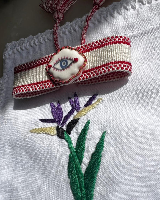 Limited Edition Woven Bracelet with Hand - Painted Ceramic Charm - Red