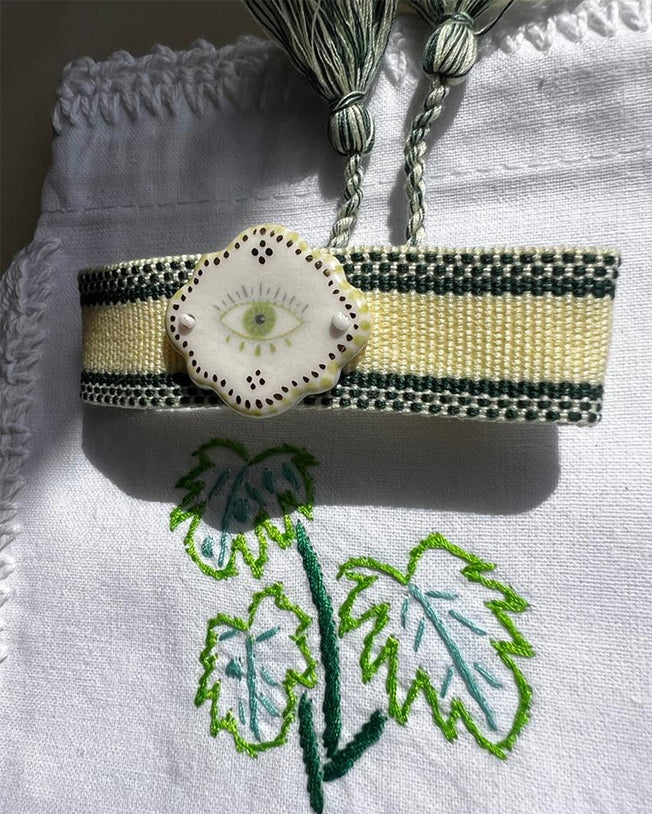 Limited Edition Woven Bracelet with Hand - Painted Ceramic Charm - Cream Green
