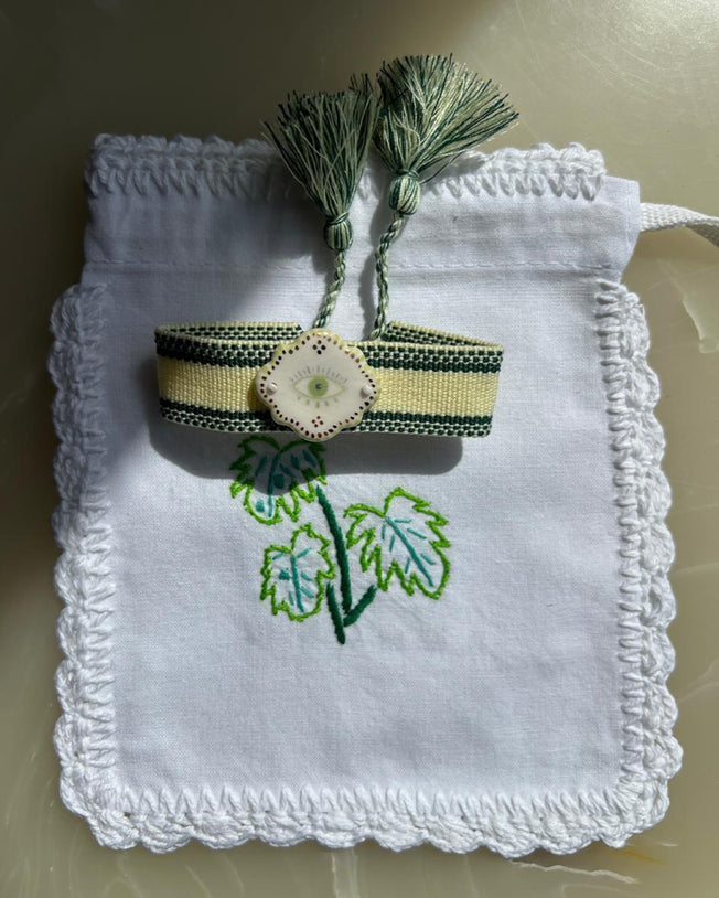 Limited Edition Woven Bracelet with Hand - Painted Ceramic Charm - Cream Green