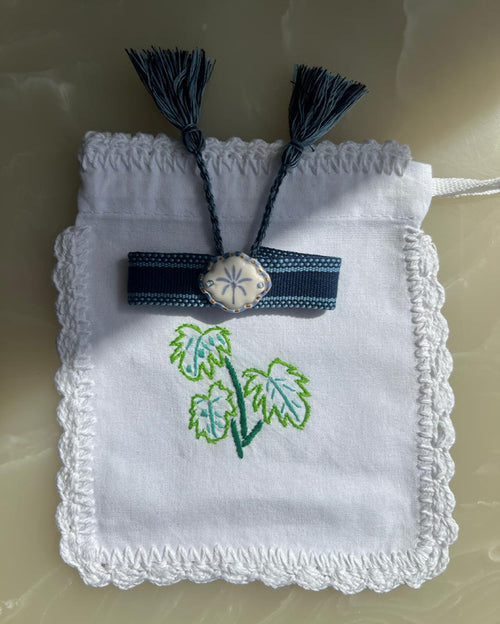 Limited Edition Woven Bracelet with Hand - Painted Ceramic Charm - Navy Blue