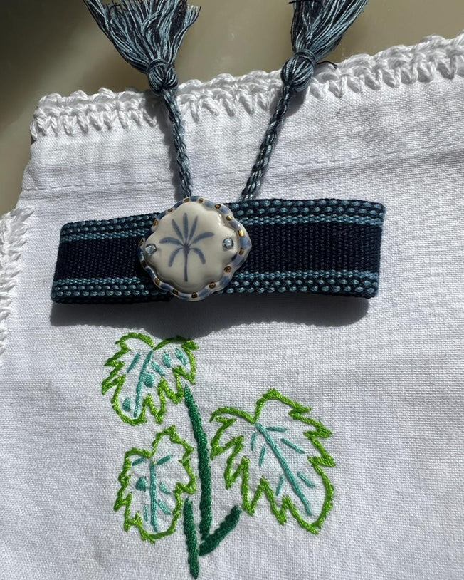 Limited Edition Woven Bracelet with Hand - Painted Ceramic Charm - Navy Blue