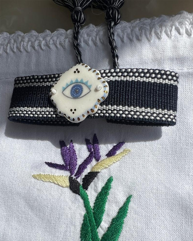 Limited Edition Woven Bracelet with Hand - Painted Ceramic Charm - Navy White