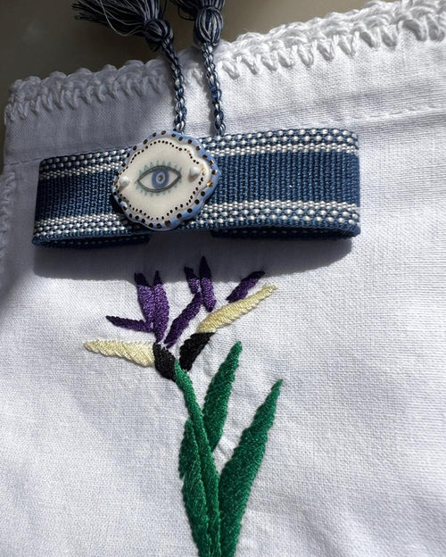 Limited Edition Woven Bracelet with Hand - Painted Ceramic Charm - Royal Blue