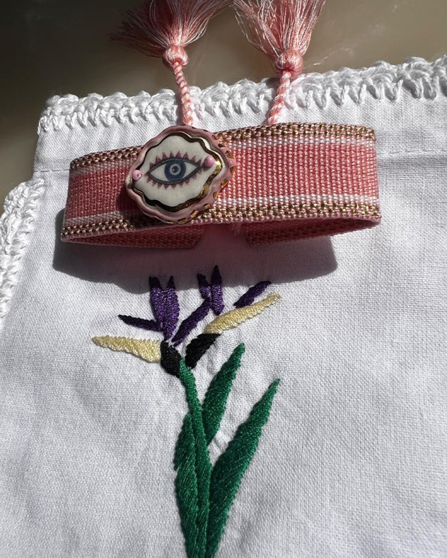 Limited Edition Woven Bracelet with Hand - Painted Ceramic Charm - Baby Pink