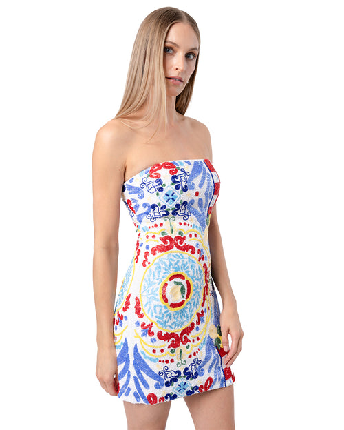 Limoncello Hand-Beaded Embellished Short Dress - White Blue
