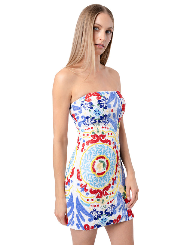 Limoncello Hand-Beaded Embellished Short Dress - White Blue