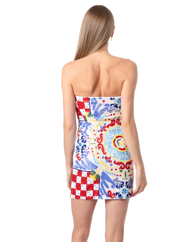 Limoncello Hand-Beaded Embellished Short Dress - White Blue