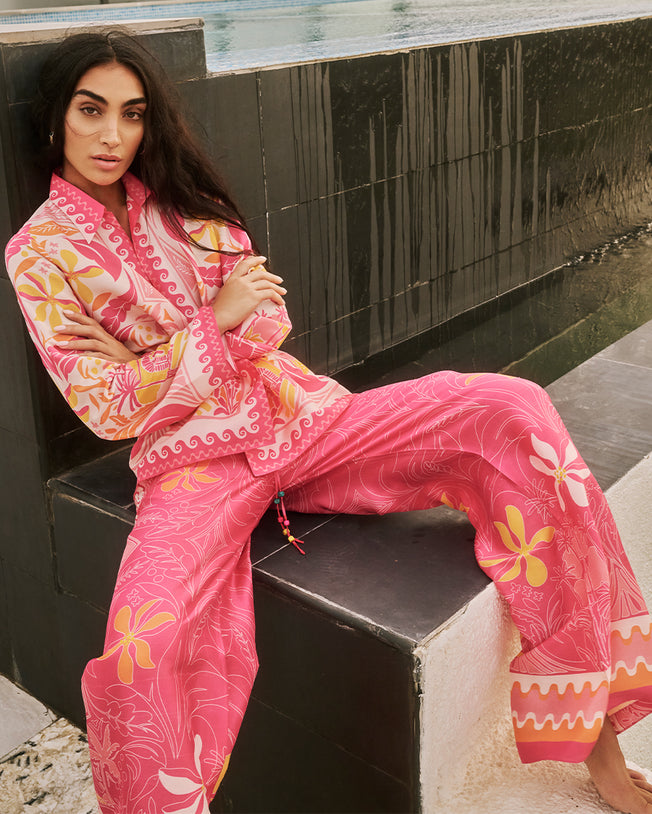 Lola Salmon Pink Co-Ord Set with Blooming Florals and Folkloric Patterns in Pink