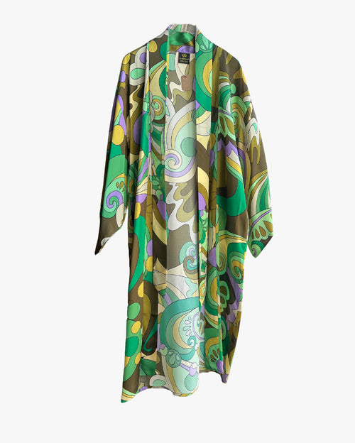 Green Yellow Geometric Long Silk Kimono Coverup