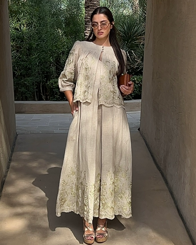 Lotus Lurex Lily Flower Embroidered Gown and Jacket Set - Natural