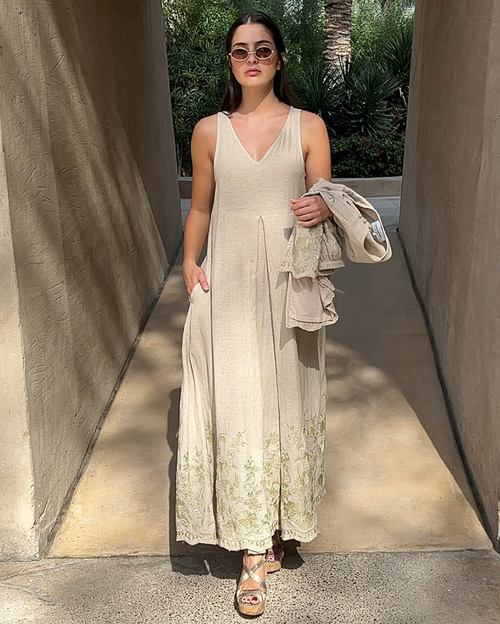 Lotus Lurex Lily Flower Embroidered Gown and Jacket Set - Natural