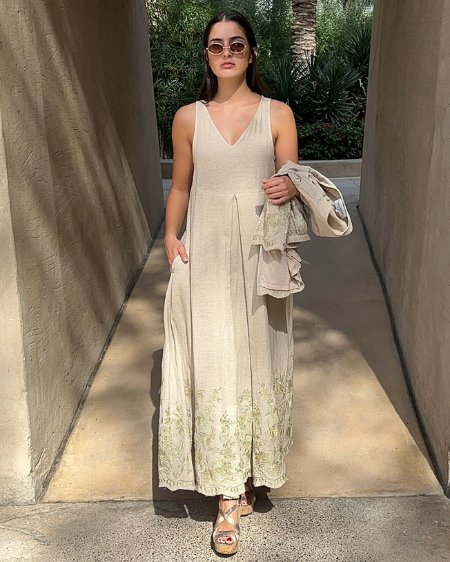 Lotus Lurex Lily Flower Embroidered Gown and Jacket Set - Natural