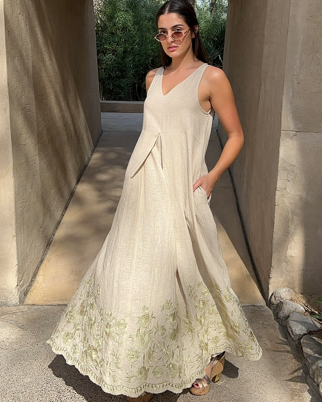 Lotus Lurex Lily Flower Embroidered Gown and Jacket Set - Natural