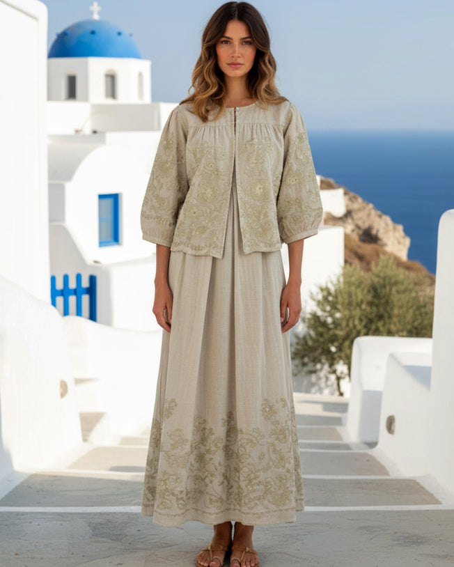 Lotus Lurex Lily Flower Embroidered Gown and Jacket Set - Natural