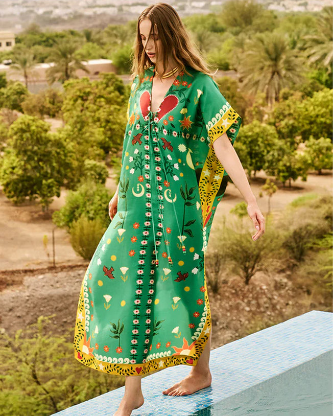 Lucy Kaftan - Raw Silk Forest Green Maxi Dress