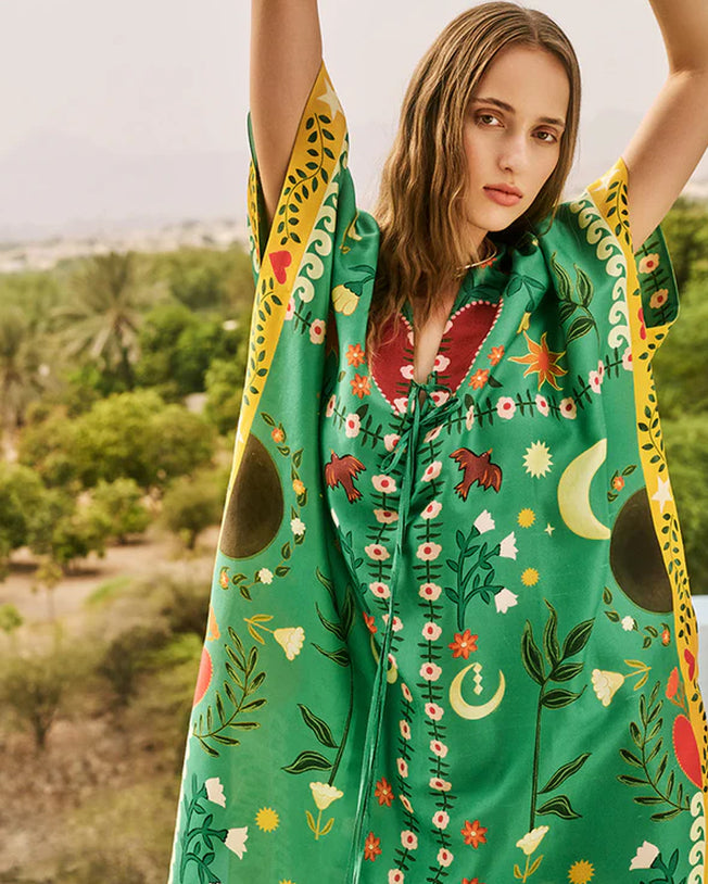 Lucy Kaftan - Raw Silk Forest Green Maxi Dress