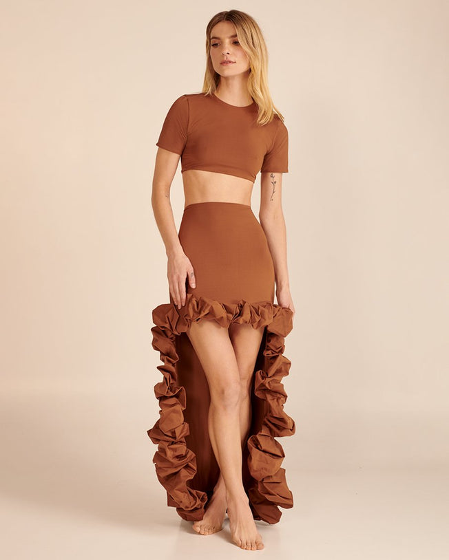 Crop top with high-low skirt set brown