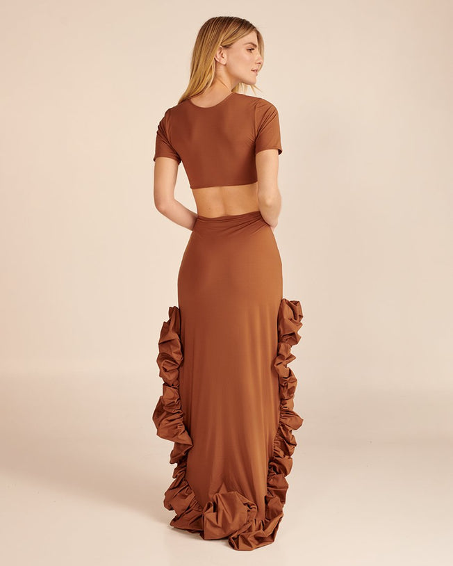 Crop top with high-low skirt set brown