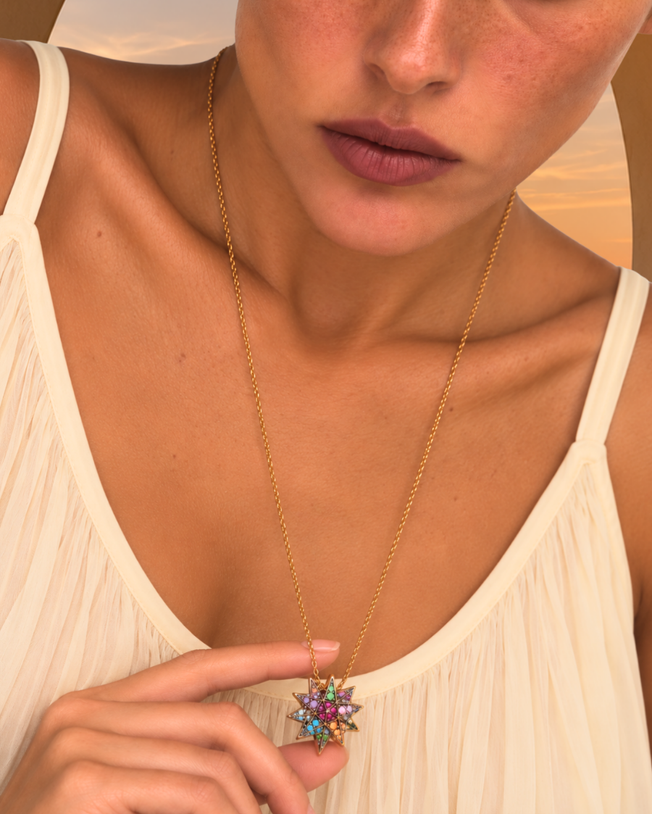 Rainbow Merkabah Pendant 18K Yellow (Black) Gold & Multi-Stones on a 75cm YG Chain