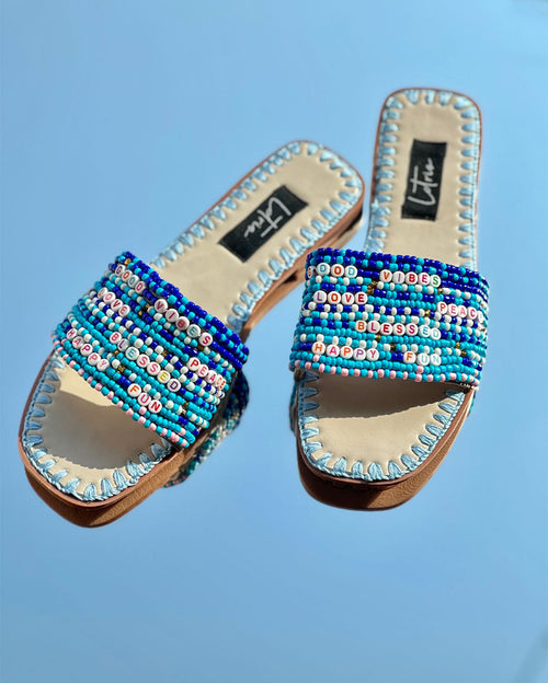 Multicolor Beads and Leather Lining Sky Blue Slides