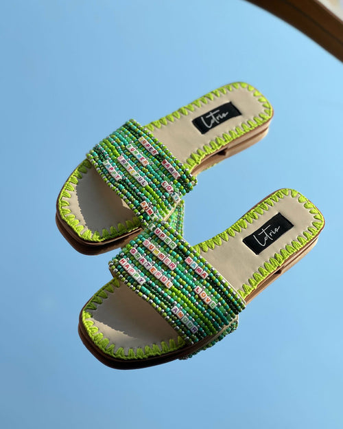 Multicolor Beads and Leather Lining Lime Slides