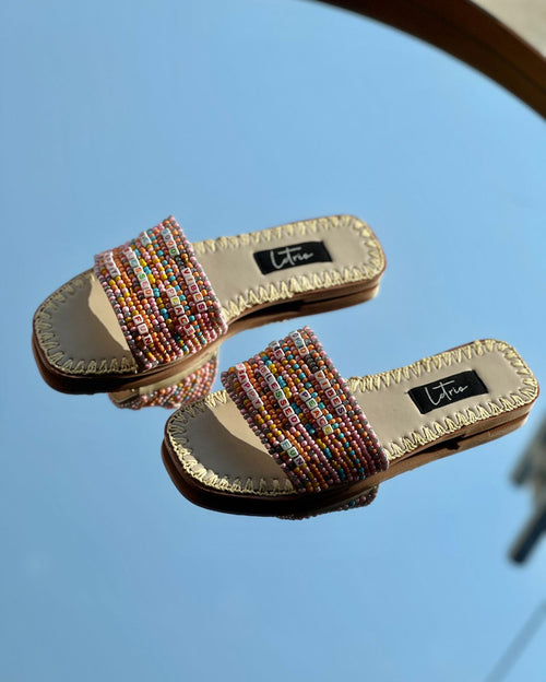 Multicolor Beads and Leather Lining Pastel Slides