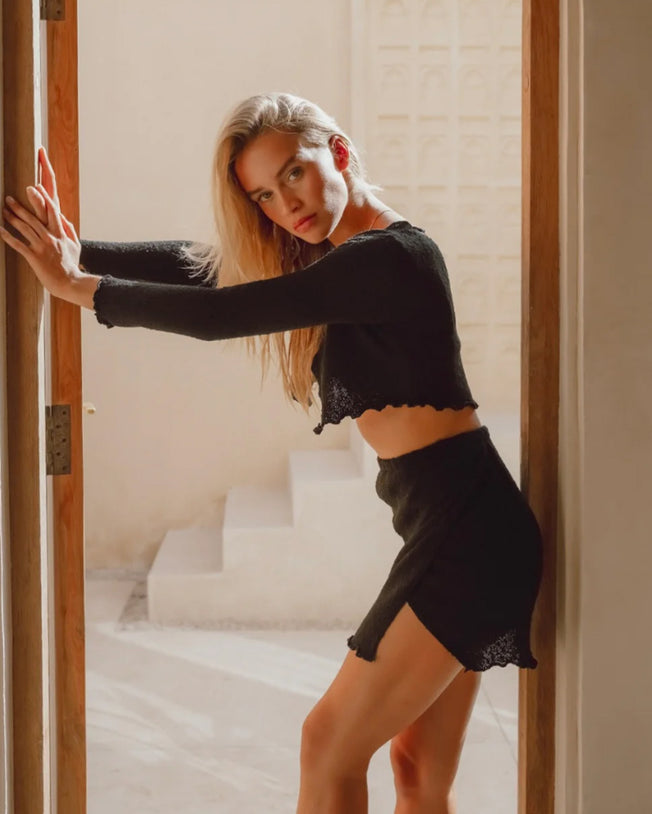 Madu Bralette and Skirt with Cardigan Trio Set - Black