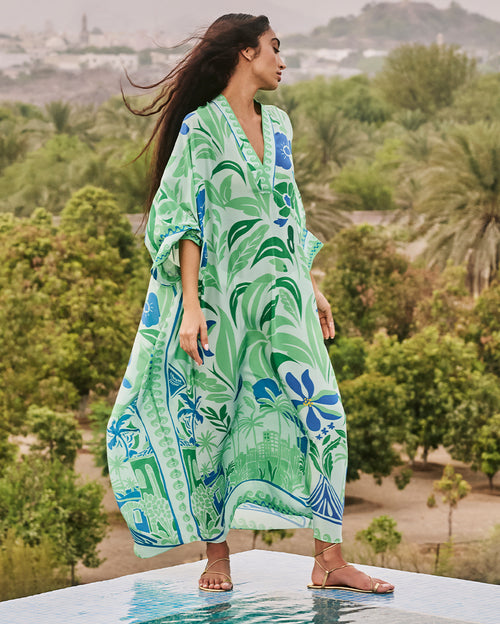 Margot Kaftan in Aquatic Greens and Cobalt Blues