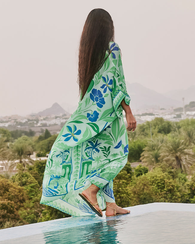 Margot Kaftan in Aquatic Greens and Cobalt Blues