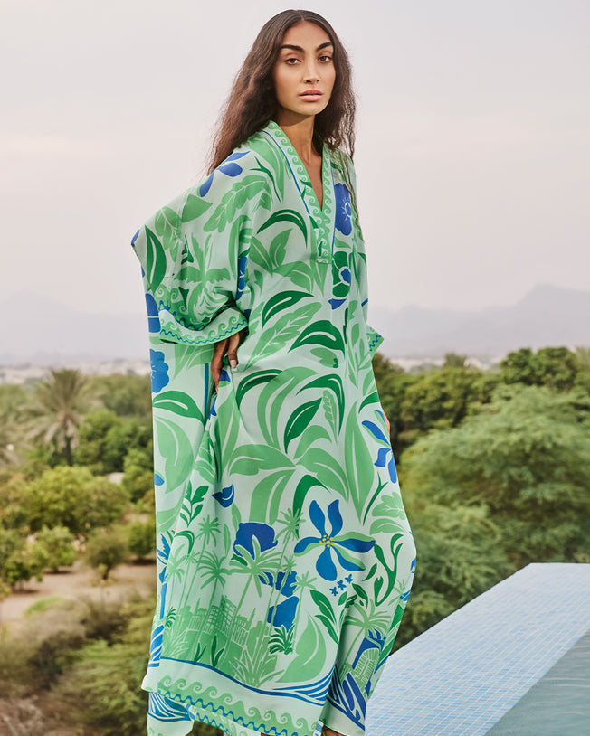 Margot Kaftan in Aquatic Greens and Cobalt Blues