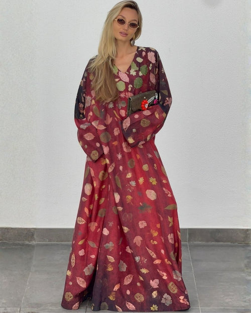 Maroon V-Neck with Cut Dana Embroidered and Autumn Digi-Print Pure Silk Caftan